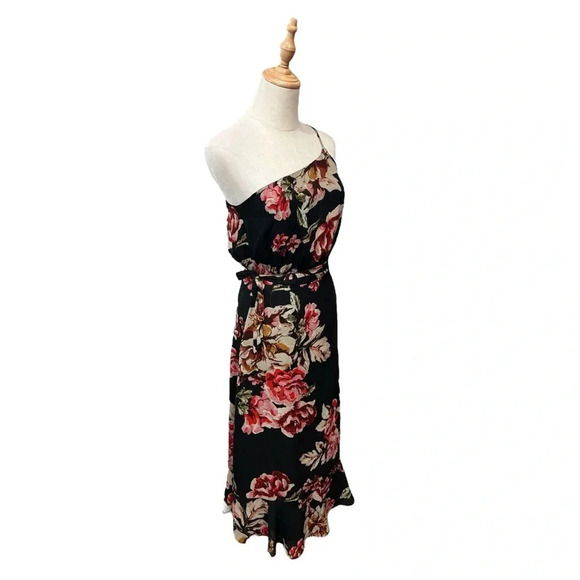 Lulus Divine Blooms Black Floral Print One-Shoulder Midi Wrap Dress Size S - Picture 1 of 9